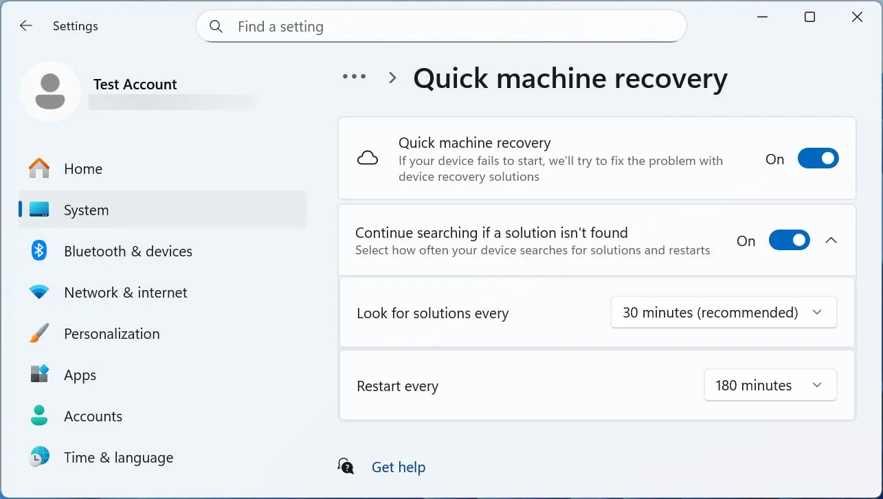 Enabling Quick Machine Recovery in Windows 11 Screenshot of the Windows 11 'Quick Machine Recovery' settings page, showing options to enable or customize automatic recovery features.