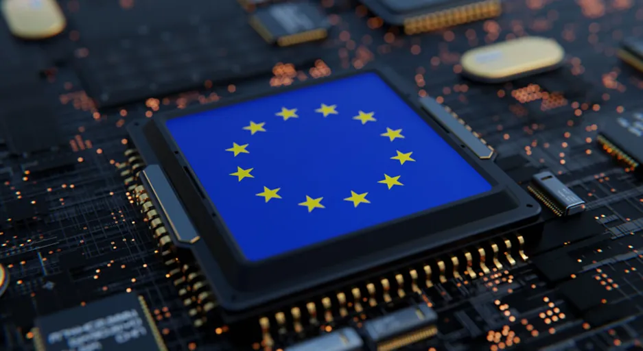A visual representation of European digital sovereignty, with data streams flowing securely across a map of Europe.