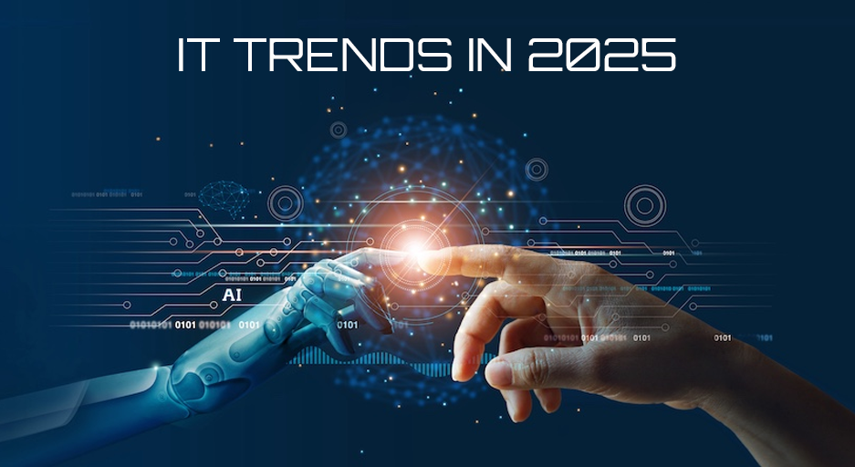 Infographic showing key IT trends for 2025 including AI, cloud computing, cybersecurity, and automation.